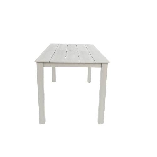 A wooden-textured imitation wood dining table, simple yet with a high quality feel. It has a small tabletop and is perfect for outdoor picnics. Light gray color, 68.9 inches long.