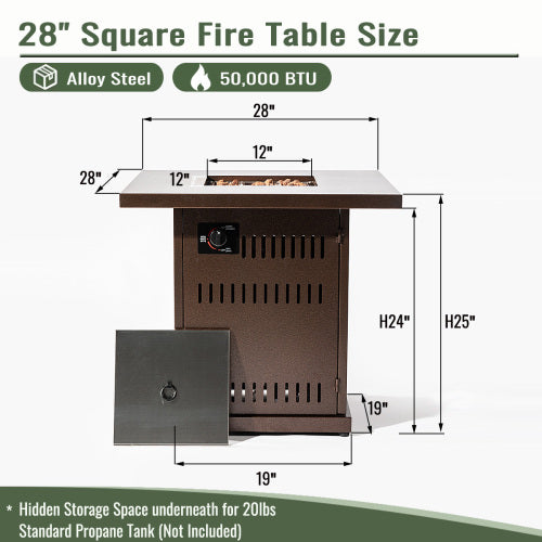 28" Propane Gas Fire Pit Table, 50000 BTU Square Steel Fire Pit for Outside Patio Deck Garden Courtyard-Brown