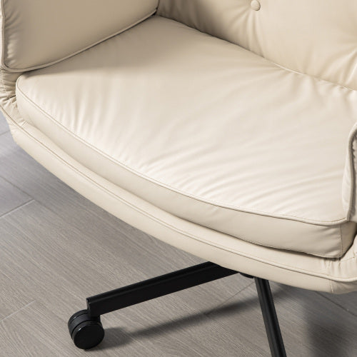 Criss Cross Chair with Adjustable Armrests & Wheels & Headrest, PU Lounge Vanity Desk Chair with Wide Seat for Cross-Legged Sitting, Swivel Task Office Chairs for Home, Makeup, Gaming, Office, Beige