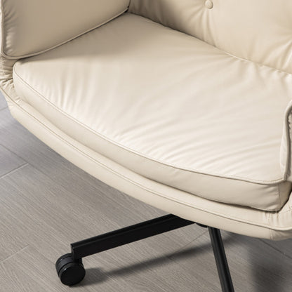 Criss Cross Chair with Adjustable Armrests & Wheels & Headrest, PU Lounge Vanity Desk Chair with Wide Seat for Cross-Legged Sitting, Swivel Task Office Chairs for Home, Makeup, Gaming, Office, Beige