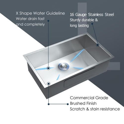 30 Inch Undermount Sink - 30" x 18" x 9" Undermount Stainless Steel Kitchen Sink 16 Gauge 9 Inch Deep Single Bowl Kitchen Sink Basin, Includes Drain Assembly (No Additional Accessories)