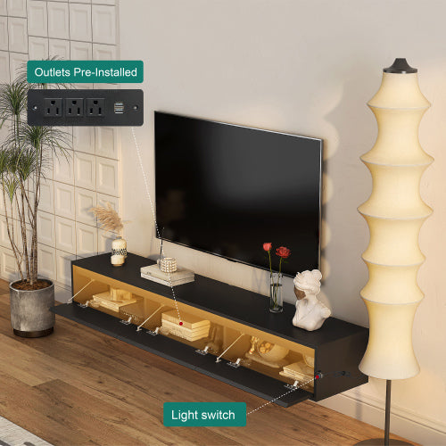 Black Wall Mount High Gloss Floating TV Cabinet with Touch LED Strip & Power Outlet