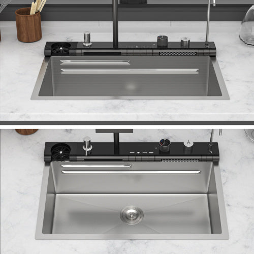 30" Kitchen Sink Waterfall Sink - 30 x 19 x 9 inch Multifunction Single Bowl 16 Gauge Stainless Steel Ledge Workstation Smart Digital Features Top Mount Kitchen Sinks
