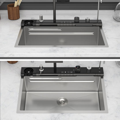 30" Kitchen Sink Waterfall Sink - 30 x 19 x 9 inch Multifunction Single Bowl 16 Gauge Stainless Steel Ledge Workstation Smart Digital Features Top Mount Kitchen Sinks