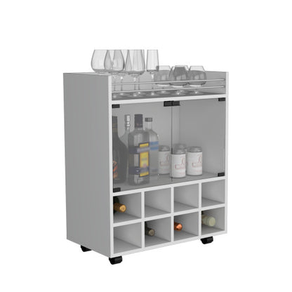 32 inch H white bar- coffee cart, Kitchen or living room cabinet storage with 4 wheels, with 8 bottle racks, a central shelf covered by 1 glass door, ideal for storing glasses and snacks