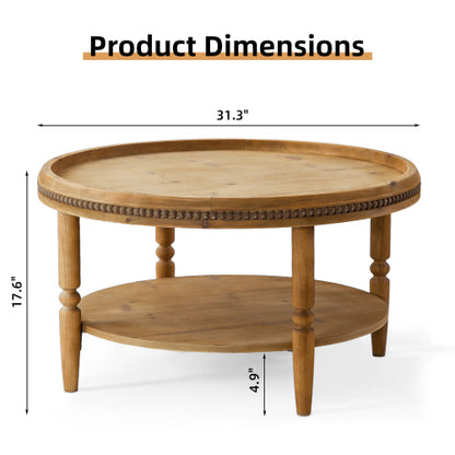 31.3inch  Round Boho 2-Tier Coffee Table, Beaded Trim & Curved Solid Wood Legs, Rustic Accent Table