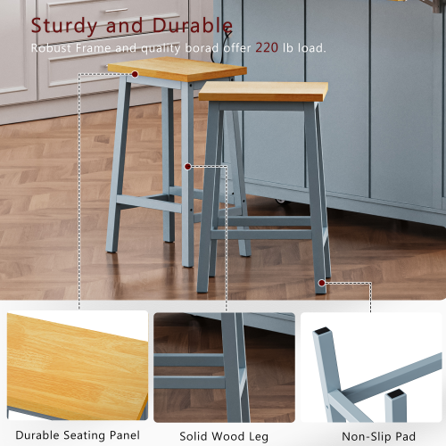 Set of 2 Grey Blue Solid Wood A-Frame Counter Bar Stools, 25.6 inch  Height, Footrest, 220lbs Capacity for Kitchen Island