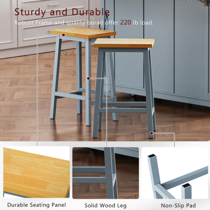Set of 2 Grey Blue Solid Wood A-Frame Counter Bar Stools, 25.6 inch  Height, Footrest, 220lbs Capacity for Kitchen Island