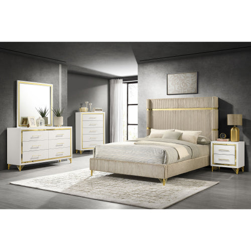 White 2-Drawer Nightstand with Gold Trim, MDF & Melamine