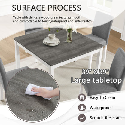 5-Piece Grey & White Two Tone Dining Set, Square Wooden Table with 4 Upholstered Chairs