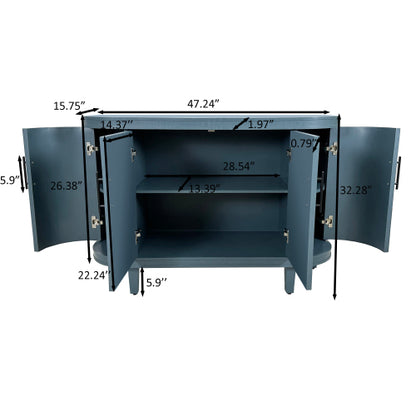 Blue Curved Sideboard 47 Inch Wood Console Cabinet 4 Doors Adjustable Shelves Ash Veneer