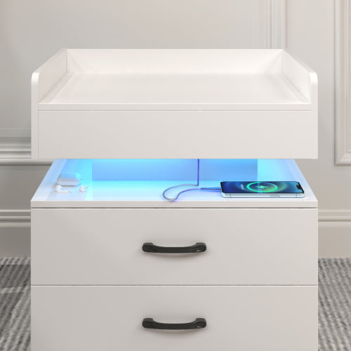 LED Nightstand with 2 Drawers and Adjustable Light Strip, Modern Bedside Storage Table