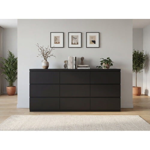9 Drawer Dresser with No Handle Design, Modern Black Matte Wood Dresser for Bedroom, Storage Chest of Drawers for Living Room, Hallway, Entryway