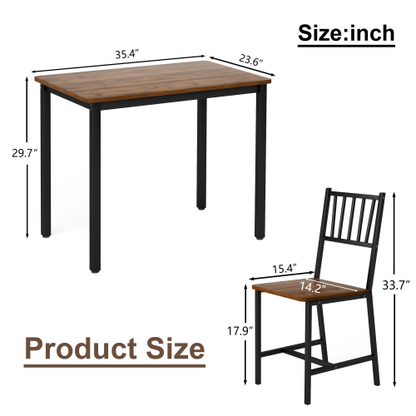 3-Piece Walnut Industrial Dining Set, Table & 2 Chairs