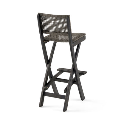 41.75" Outdoor Folding Acacia Wood Barstools with PE Rattan Backrest and Seat, Dark Grey Finish (Set of 2)