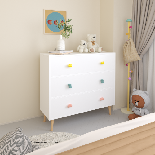 Kids 3 Drawer Dresser, Baby Nightstand Storage Cabinet, White Nursery Chest with Cartoon Pulls for Toddler Bedroom