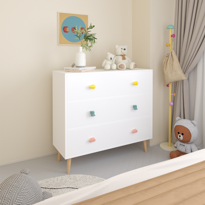Kids 3 Drawer Dresser, Baby Nightstand Storage Cabinet, White Nursery Chest with Cartoon Pulls for Toddler Bedroom