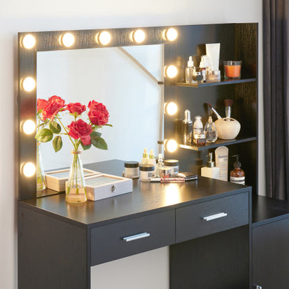 Black Vanity Desk with Mirror & Lights, 46.4IN Dressing Table, 2 Large Drawers & Vertical Organizer, 3 Lighting Modes