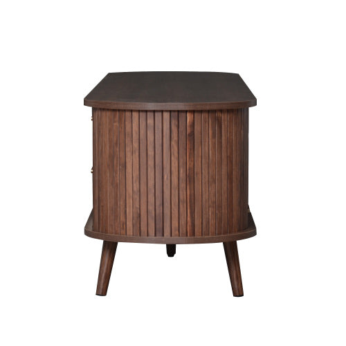 70.8 Inch Dark Brown Mid-Century Sliding Door TV Stand Solid Wood Leg Media Console Fits 80 Inch TV