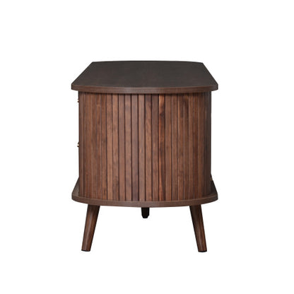 70.8 Inch Dark Brown Mid-Century Sliding Door TV Stand Solid Wood Leg Media Console Fits 80 Inch TV