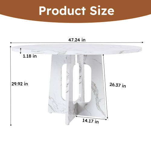 47.24 Inch Marble White MDF Round Dining Table, 300LB Capacity Farmhouse Kitchen Table for 4-6 People
