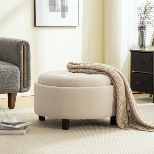 29.33 inch Beige Fleece Round Storage Ottoman, Hand Buckle Decor Reversible Lid Footstool, 300 LBS