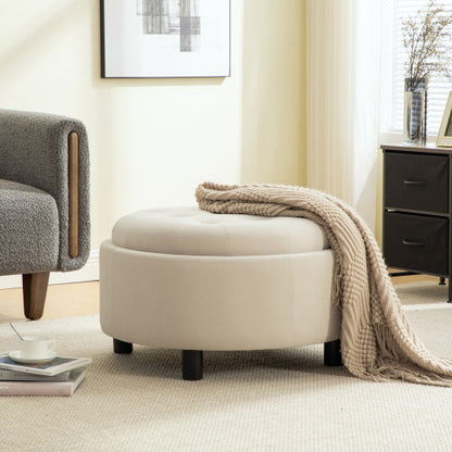 29.33 inch Beige Fleece Round Storage Ottoman, Hand Buckle Decor Reversible Lid Footstool, 300 LBS