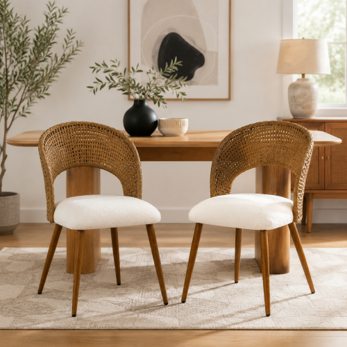 Curved PE Rattan Dining Chairs with Teddy Cushions, Set of 2, Beige/Brown