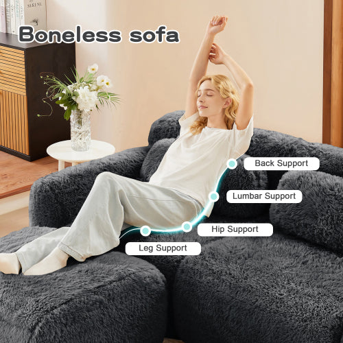 Dark-Grey L-Shaped Boneless Plush-Fabric Modular Sofa with Chaise & Throw Pillows No-Assembly