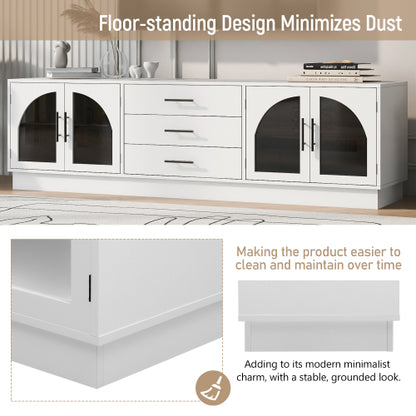 68.9 Inch Minimalist MDF TV Stand Arched Glass Doors 3 Drawers 2 Cabinets for TVs Up To 75 Inch