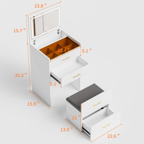 3 in 1 Vanity Desk with open Top Mirror,Make Up Vanity Set with Visible Glass Desktop,Compact Makeup Vanity with 3 Drawers and stool,Dressing Table for Bedroom