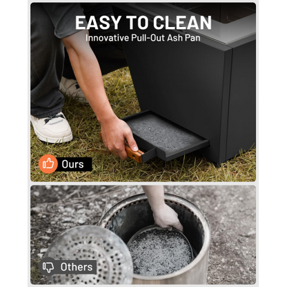 Cyberpit One Pro 25 inch Smokeless Fire Pit, Wood Burning Fireplaces w/Pull-Out Ash Pan, Portable Outdoor Firepits, Carry Handle for Backyard Patio Camping, Stainless Steel, Black