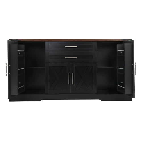 63 inch Farmhouse Barn Door Storage Cabinet with 2 Drawers & Door Rack, Large Buffet Table Coffee Bar Cabinets with Adjustable Shelves for Kitchen, Living Room, Entryway, Dining Room, Black