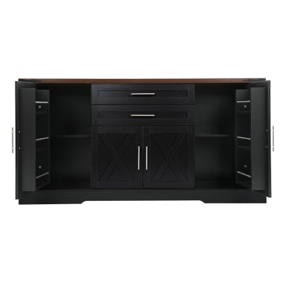 63 inch Farmhouse Barn Door Storage Cabinet with 2 Drawers & Door Rack, Large Buffet Table Coffee Bar Cabinets with Adjustable Shelves for Kitchen, Living Room, Entryway, Dining Room, Black