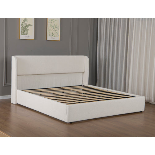 Queen Size Boucle Bed Frame, Upholstered Cloud Bed Frame with Headboard, Solid Wood Legs and Slats, No Box Spring Needed, White