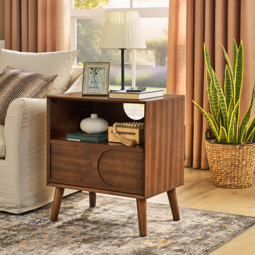 Mid Century Modern Fluted Nightstand with Charging Station USB Ports & Outlet Hole & 4 Solid Wood Legs, Farmhouse End Table with Open Space and Drawer Dresser, Walnut