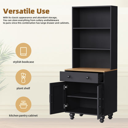 Black Farmhouse Tall Storage Cabinet With Gourd-Shaped Solid Wood Legs