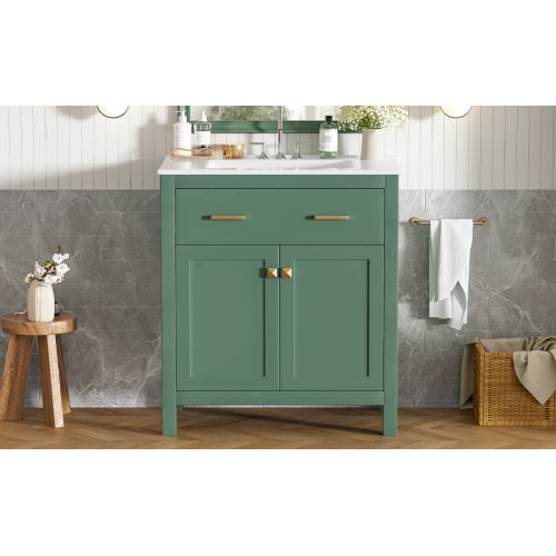 30-inch Bathroom Vanity with Ceramic Sink, Modern Green Single Bathroom Cabinet with 2 Doors and a Shelf, Soft Close Doors