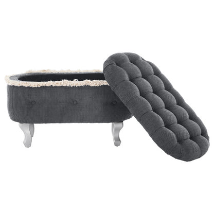 Grey Fringed Button Tufted Storage Ottoman Bench, 29.5 Inch End of Bed Shoe Stool for Bedroom Entryway