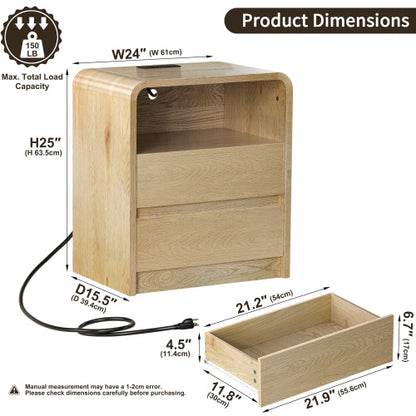 Natural Smooth 2-Drawer Nightstand with Charging Station, Mid-Century USB Side Table