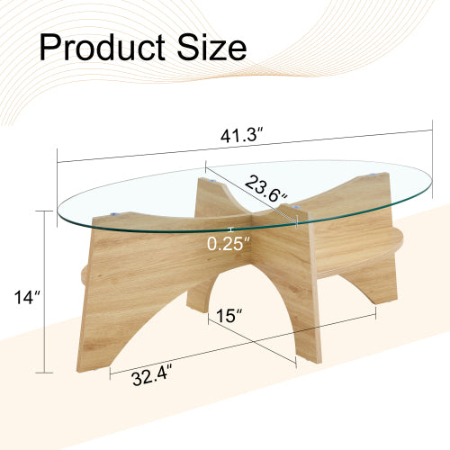 Oval Tempered Glass Coffee Table 41.3 Inch Wood Grain Legs Modern Accent