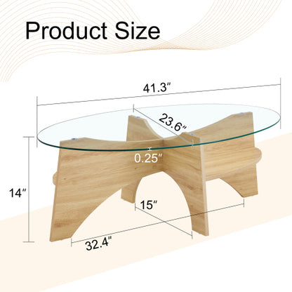 Oval Tempered Glass Coffee Table 41.3 Inch Wood Grain Legs Modern Accent