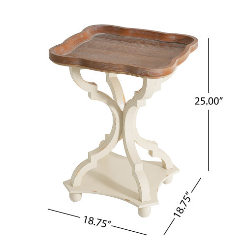 French Country Accent Table 19 Inch Hourglass Base Lipped Square Top Distressed Finish
