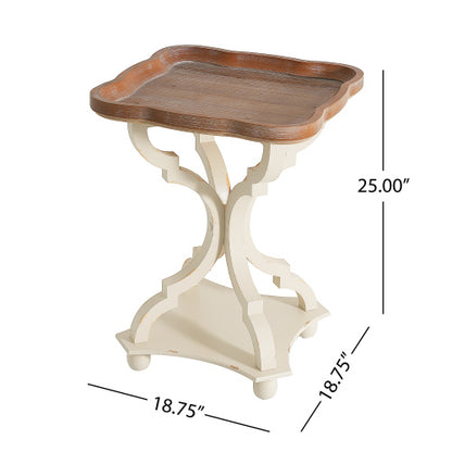 French Country Accent Table 19 Inch Hourglass Base Lipped Square Top Distressed Finish