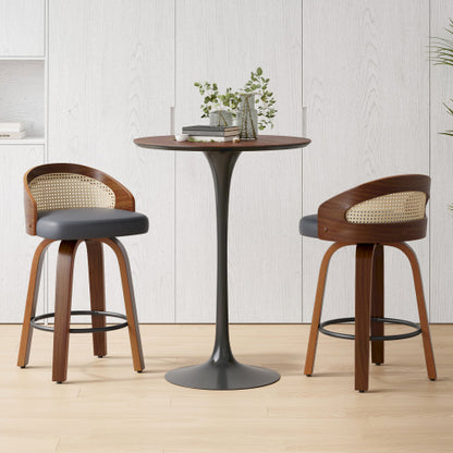 Swivel Bar Stools Set of 2, Modern Wood Frame with Rattan Back, PU Leather Stool for Kitchen Counter, Mid Century Upholstered Barstools with Footrest,Industrial Counter Height Stools