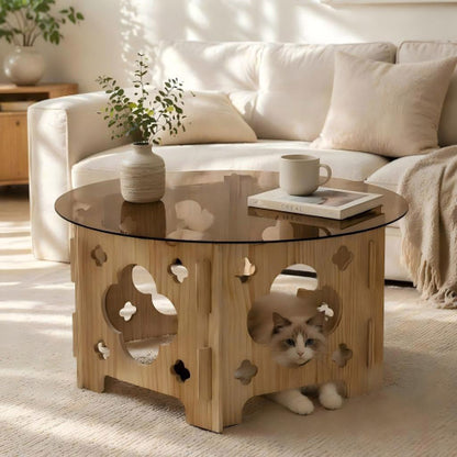 31.1inch  Round Tempered Glass Coffee Table, Floral Hollow Wood Base, Cat Nest Design