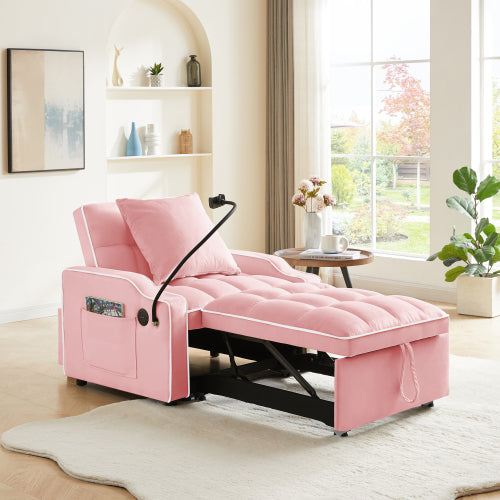 Pink 3-In-1 Convertible Sleeper Chair Bed with USB & Type-C Port