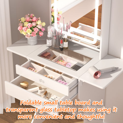 Vanity Set for Small Bedrooms - Small Space Makeup Vanity with Stool, Compartmentalized Drawers & 20cm Foldable Side Tables (Left and Right)
