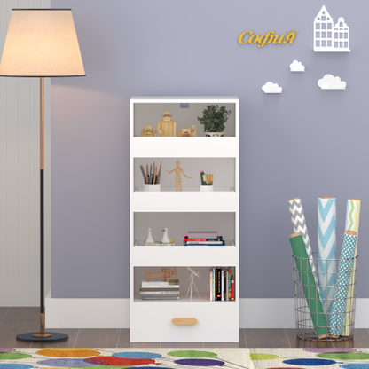 4-Tier Bookshelf with Sliding Drawers and Bottom Drawer