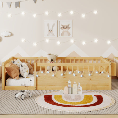 Twin Montessori Floor Bed Frame with High Rails, Wood Kids Floor Beds with Light and Storage Shelf, Natural